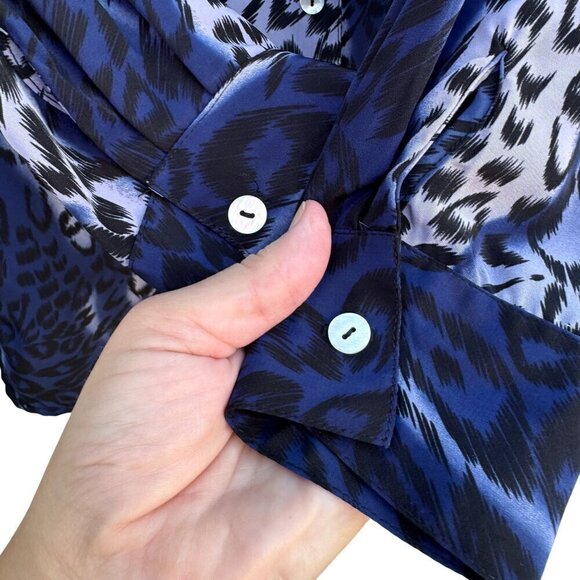Style Exchange Vintage 90s Womens Blue Black Leopard Print Button-Down Blouse M - Picture 4 of 11